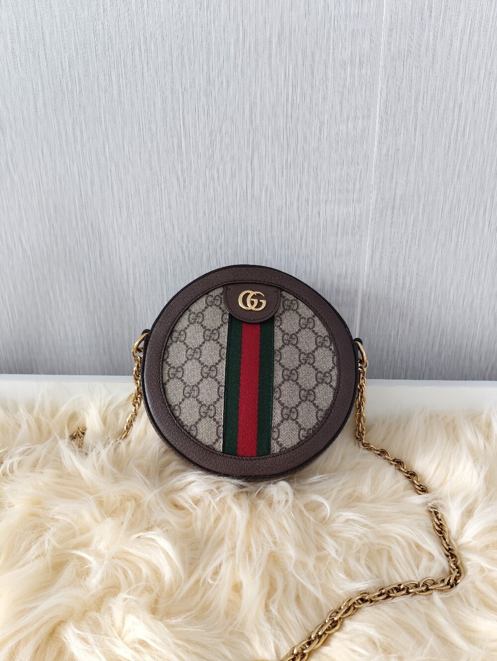 Gucci Brown GG Supreme Round Crossbody with Green-Red Web